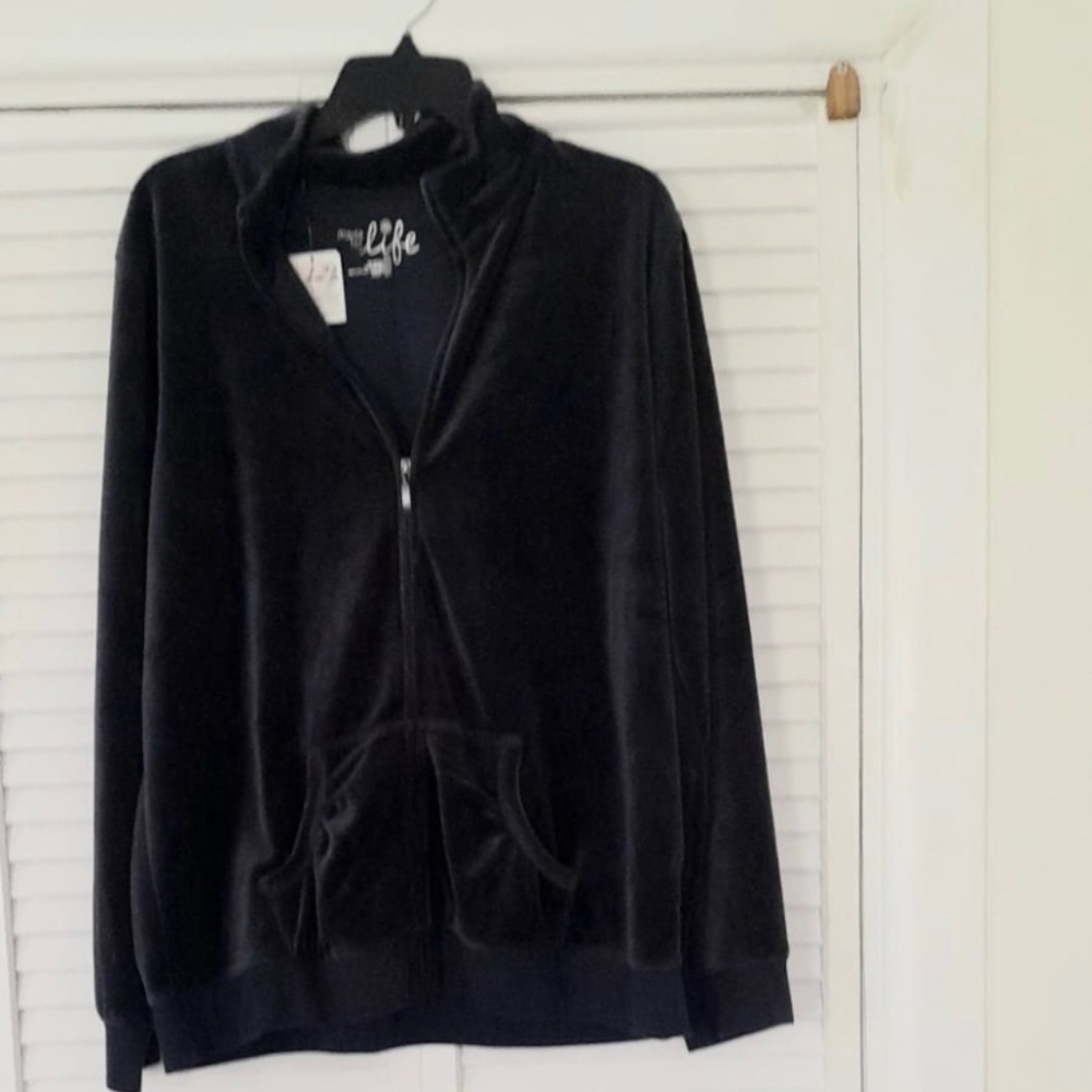 New Made for Life Velvet Velour Feel Top, Blue Grey, front zipper, XXL